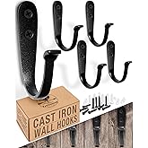 Cast Iron Wall Hooks (5 Pack) Handmade Blacksmith - Wall Mounted J Hooks - Farmhouse Decorative - Vintage Hooks for Hanging Coats, Bags or Pots in Pantry (Black)