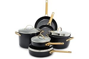 GreenPan Reserve Hard Anodized Healthy Ceramic Nonstick 10 Piece Cookware Pots and Pans Set, Gold-Tone Stainless Steel Handles, PFAS & PFOA-Free, Dishwasher Safe, Oven & Broiler Safe, Black