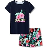 Beezizac Neon Tie Dye Spiral Pattern/Butterfly Pajamas for Girls Tee & Shorts PJ Set Size 6-18
