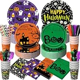 Widecook 450 Pcs Happy Halloween Tableware Set, Serve 50, Multicolor | Ghost Haunt Pumpkin Decorations Spider Web Paper Plates Napkins Cup Cutlery Straw for Halloween Spooky Themed Party Supplies
