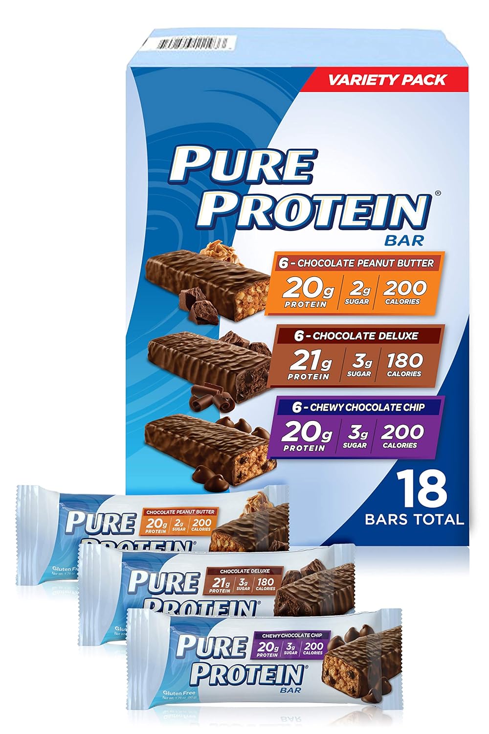 Pure Protein Bars, High Protein, Nutritious Snacks to Support Energy, Low Sugar, Gluten Free, Variety Pack, 1.76oz, 18 Pack
