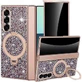 YQODSZ for Samsung Galaxy Z Fold 7 Magnetic Case with Rotation Ring Stand, Compatible Magsafe Privacy Screen Protector Full Coverage Hinge Cover Women Glitter Bling Phone Case for Z Fold 7 Purple
