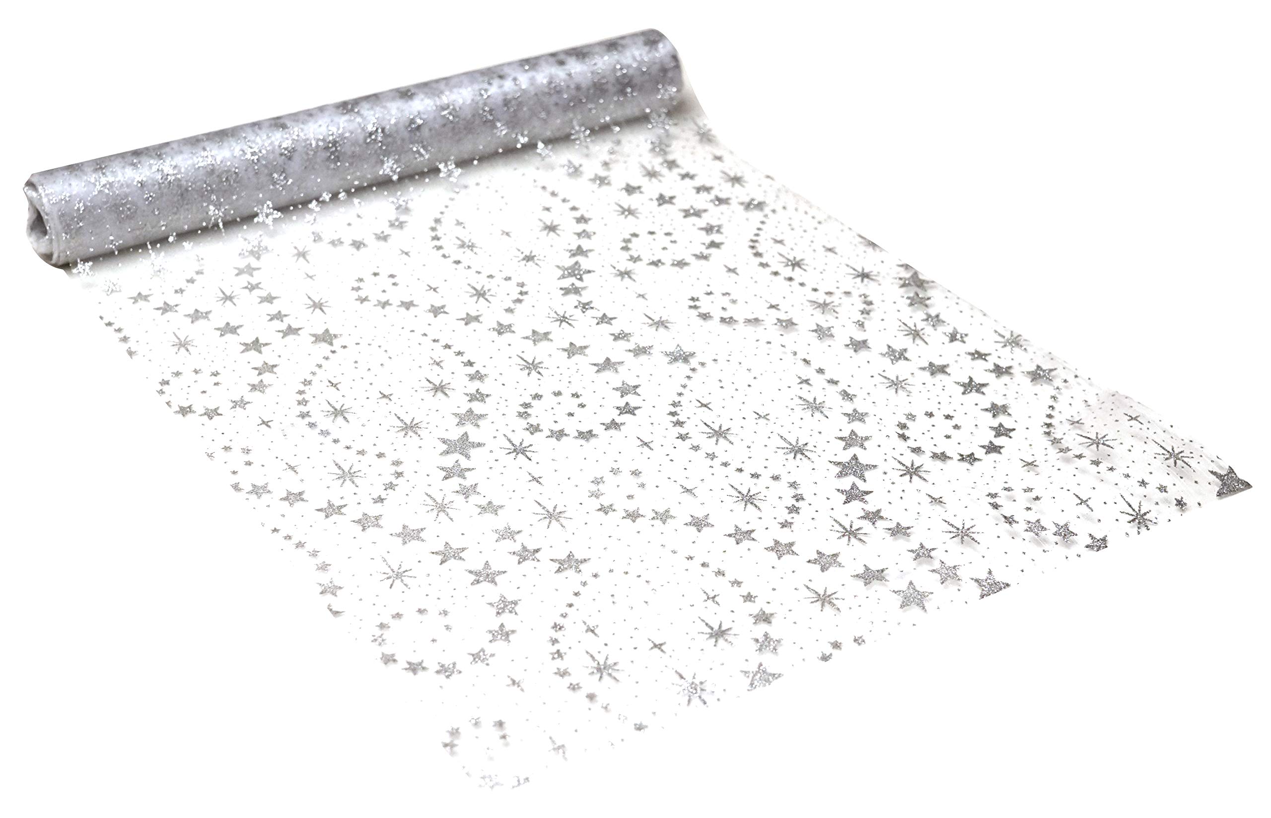 khevga 5 meter x 0.36 Table Runner Christmas Table Runners in Gold Silver snowflakes and stars (silver star)