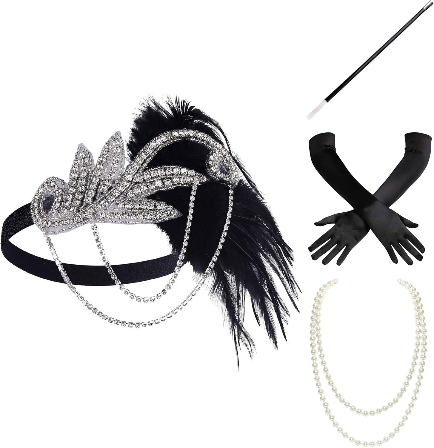BABEYOND 1920s Flapper Gatsby Costume Accessories Set 20s Flapper Headband Pearl Necklace Gloves Cigarette Holder (Set-32): Clothing
