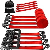AWELCRAFT Ratchet Straps (4PK) - 3300lbs Breaking Strength 1.5''×10' Heavy Duty Tie Down Straps with Padded Handles, Double J Hooks & Soft Loops for Moving Motorcycle, Trailer & Trucks (Red)