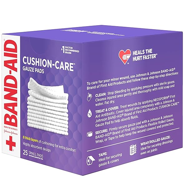 BAND-AID BRAND CUSHION CARE STERILE GAUZE PADS FOR PROTECTION OF MINOR CUT, SCRAPES & BURNS, ABSORBENT & NON-ADHESIVE FIRST AID WOUND CARE DRESSING PADS, SMALL SIZE, 2 IN X 2 IN, 25 CT