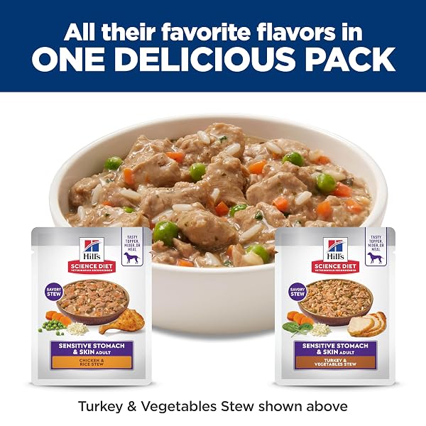 HILL’S SCIENCE DIET SENSITIVE STOMACH & SKIN, ADULT 1-6, STOMACH & SKIN SENSITIVITY SUPPORT, WET DOG FOOD, VARIETY PACK: CHICKEN, TURKEY STEW, 2.8 OZ POUCH, CASE OF 12