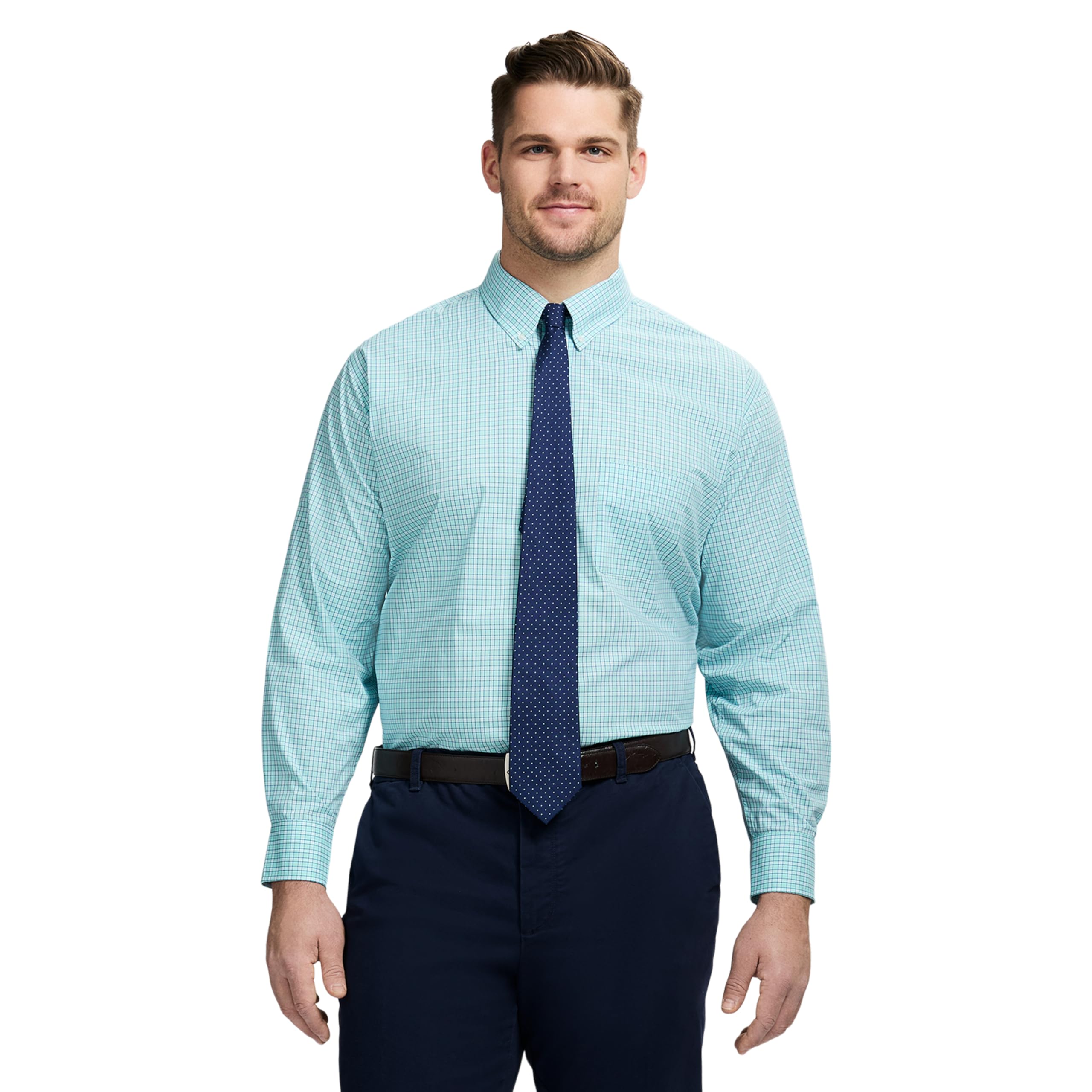 IZOD Men’s Big and Tall Dress Shirt Long Sleeve Wrinkle Free Stretch Button Down Collar, Limpet Shell Plaid