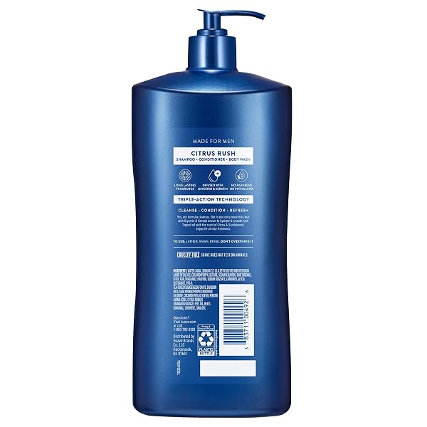 SUAVE MEN CITRUS RUSH DAILY CLEAN 3 IN 1 SHAMPOO, CONDITIONER & BODY WASH WITH GLYCERIN & KERATIN HYDRATES & SMOOTHS HAIR, CITRUS SCENT, 4 COUNT, 40 FL OZ PUMP