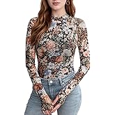 Women's Floral Mesh Long Sleeve Tops - Sheer Lace Mockneck Layering Shirt, Fashion Autumn Leopard Outfits for Valentine
