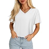 YUCOLEN Cropped T Shirts for Women Short Sleeve V Neck Cotton Basic Tees Soft Loose Fit UPF 50+ Crop Tops for Summer