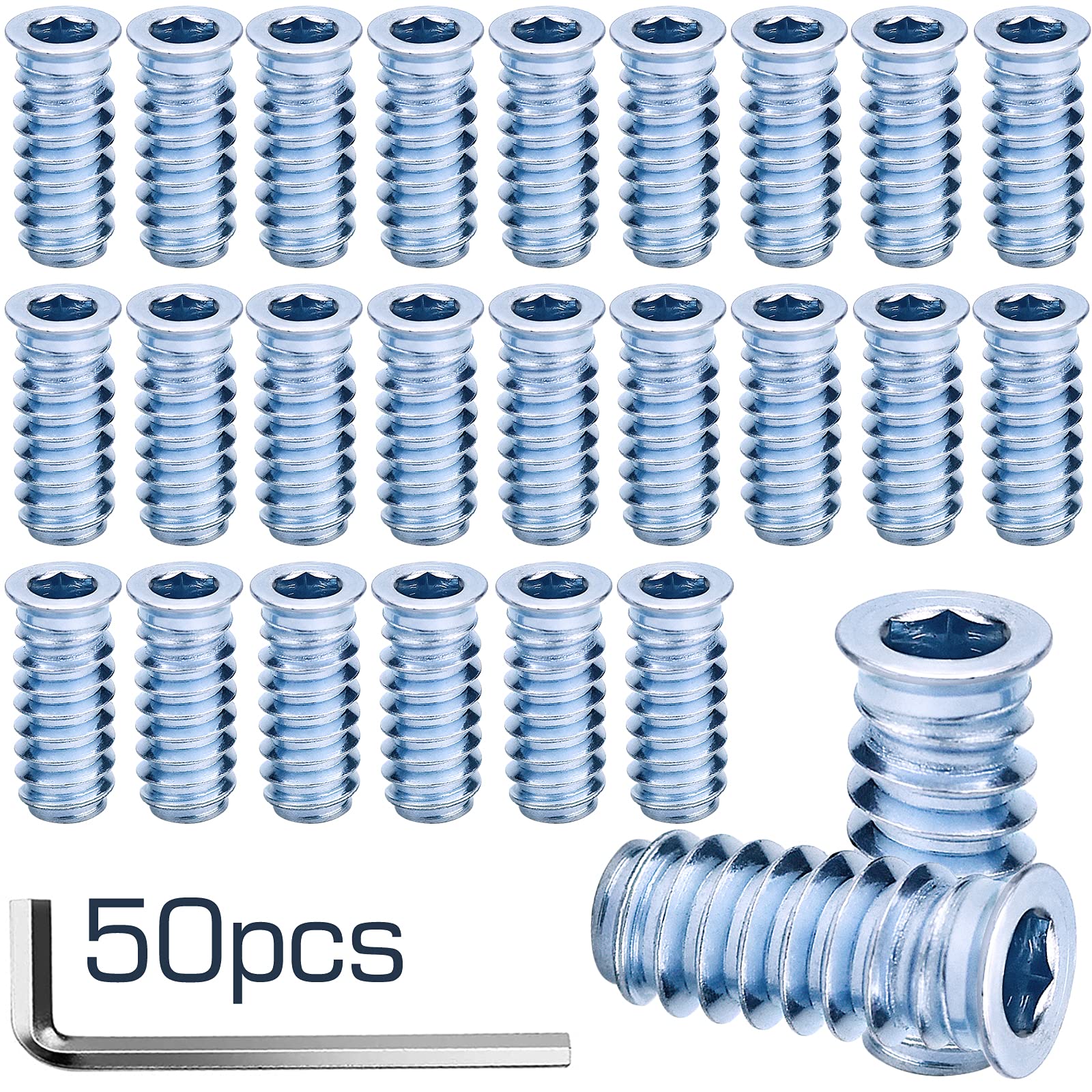 Insert Nuts for Wood, M10 x 25mm, Threaded Bushing, Threaded Insert, Screw-In Nuts with Cap, Hex Allen Nuts Made of Galvanised Steel, Pack of 50