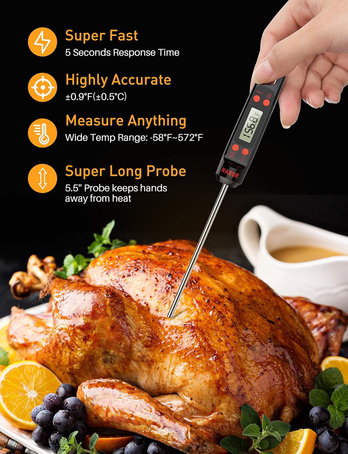 Habor Meat Digital Cooking Thermometer, Instant Read Kitchen, 5.5'' Long Probe, Hanging Hole, ºF/ºC, Auto-Off for Food, BBQ, Water, Sugar, Milk, Yogurt, Turkey, Grill, Wine, Black: Kitchen & Dining
