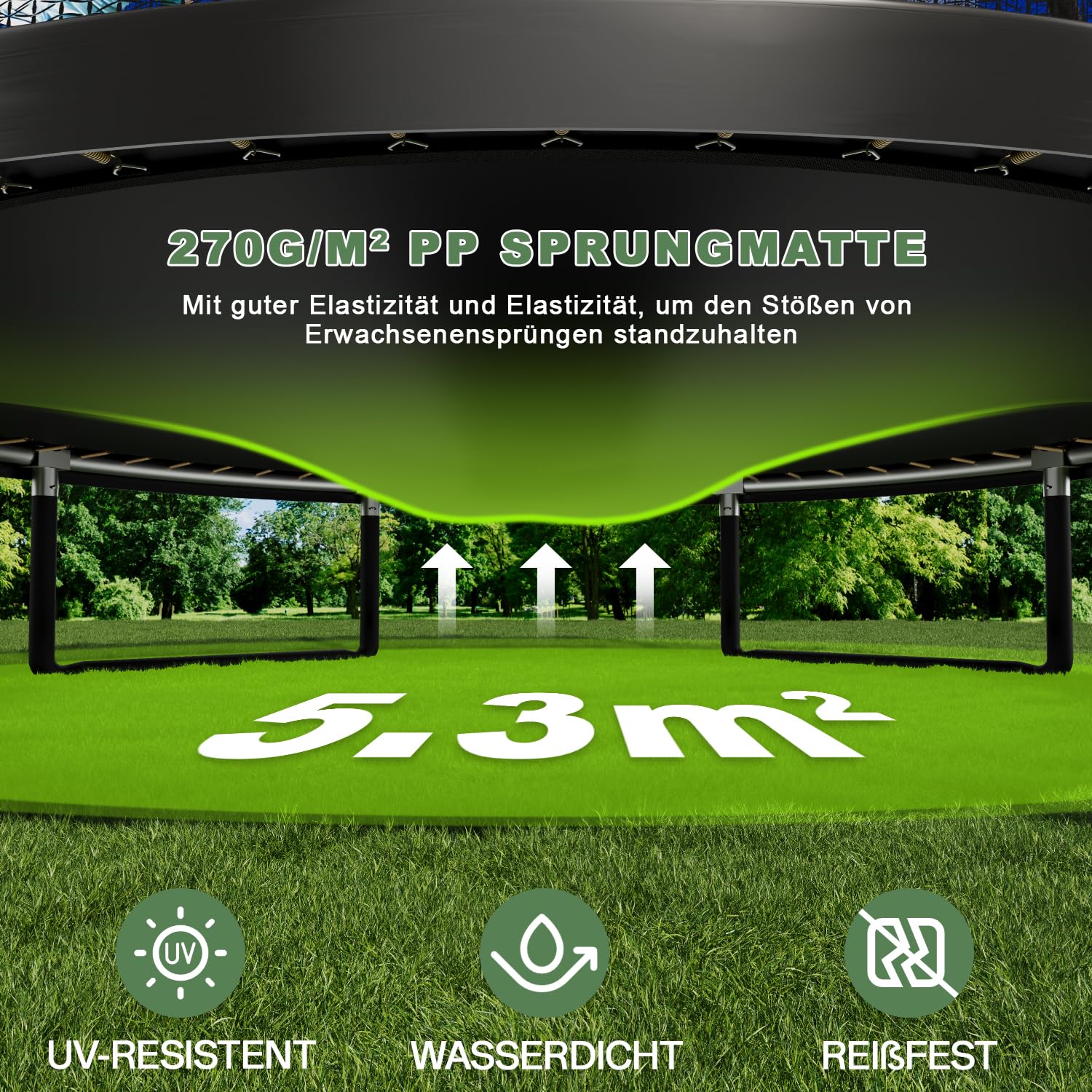 Flamaker Gartentrampolin für Kinder, 2,3 m/3,0 m/3,7 m/4,3 m Trampolin Outdoor-Sicherheitsnetz und gepolsterte Stangen für Kinder Indoor Outdoor Fitness, maximal bis zu 150 kg 4