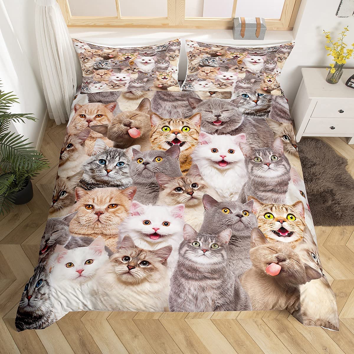 Loussiesd Cat Bedding Set Kids Girls Cute Cats Comforter Cover Set for Boys Women Lovely 3D Kitten Duvet Cover Breathable Animal Cat Collection Bedding & Linen Single — image 1