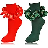 LSULIBYB Women Christmas Ruffle Socks, Adult Foldover Cuff Double Lace Frilly Bobby Fancy Sock, Snowflake Pattern(Red Green)