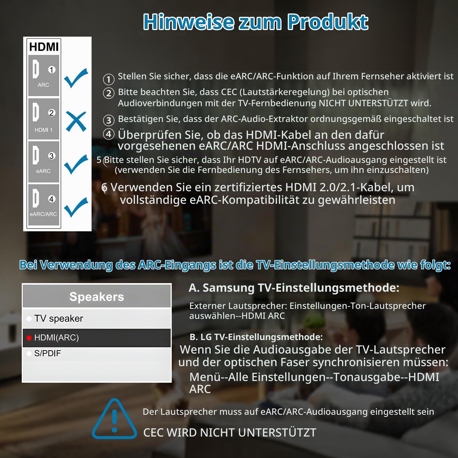 AUTOUTLET HDMI eARC/ARC Audio Extraktor, 192kHz eARC ARC zu Optisch Konverter, All-in-One 150cm Audio Extractor Adapterkabel unterstützt Dolby DTS 5.1 PCM 2.0 für TV zu Soundbar Lautsprecher Heimkino 6