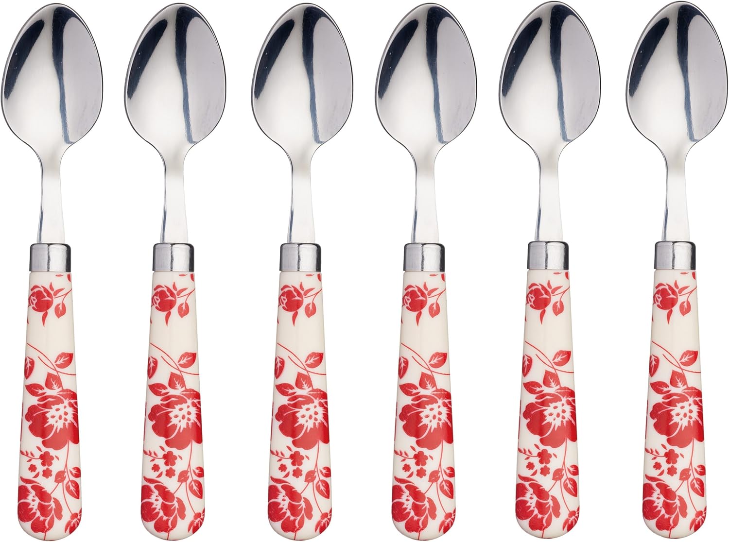 KitchenCraft Coloured FlowerPatterned Stainless Steel Teaspoons, 15.5 cm (6") Red (Set of 6