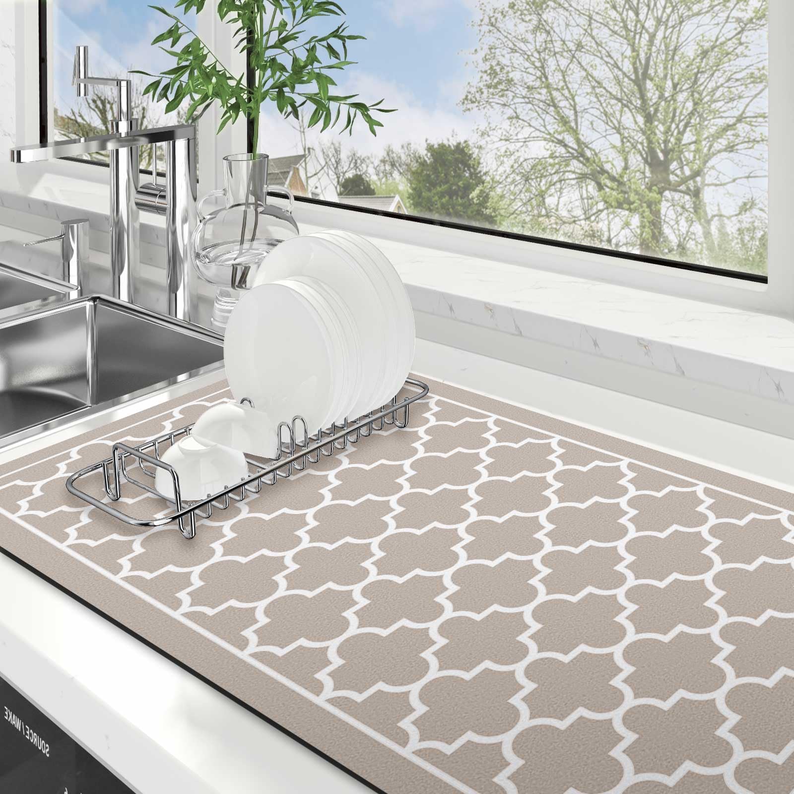 WISELIFE Dish Drying Mat Super Absorbent Drying Mat Large Dish Drying Mats for Kitchen Counter Easy Clean Dish Mat Kitchen Drying Mat18"x 36" Stylish Khaki Image