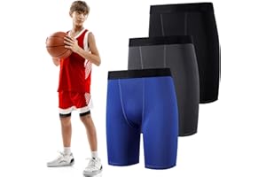 Hoolerry 3 Pcs Youth Boys Compression Shorts Athletic Underwear Sports Performance Boxer Briefs Spandex Underwear for Running