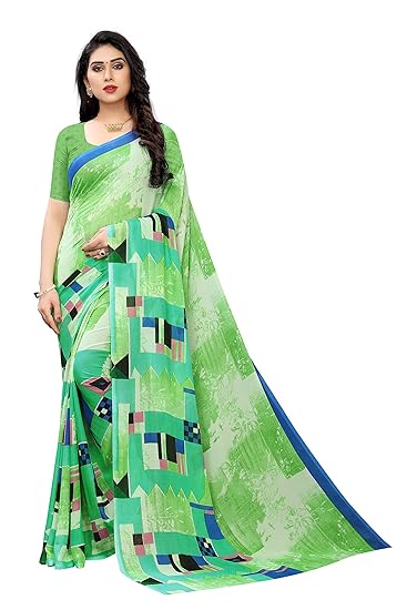 KSH Trendz Soft Georgette Crepe Blend Saree With Blouse Ideal For Women & Girls (25 DESIGNS AND PRINTS) (Green Multi)