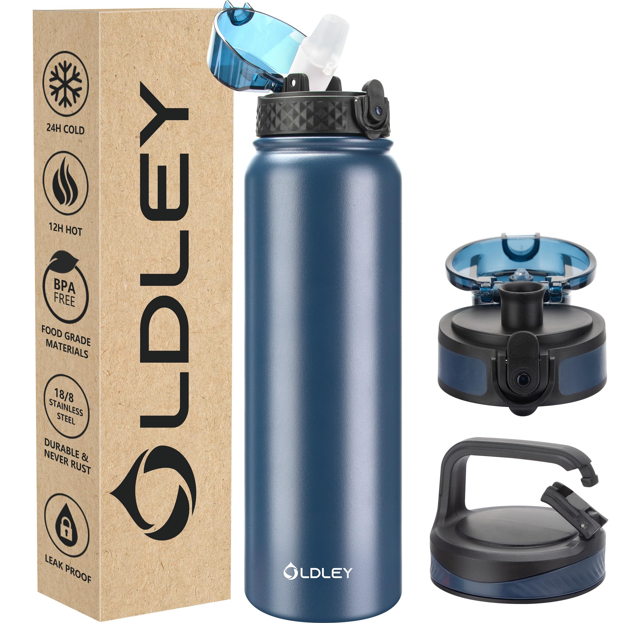 OLDLEY Stainless Steel Water Bottle with Straw 1L Vaccum Insulated Large Drink Flask Metal Water Bottles 1 Litre Leakproof Keep Drinks Hot Cold for Sports Gym with Different Lids(Navy Blue, 3 Lids) — image 1