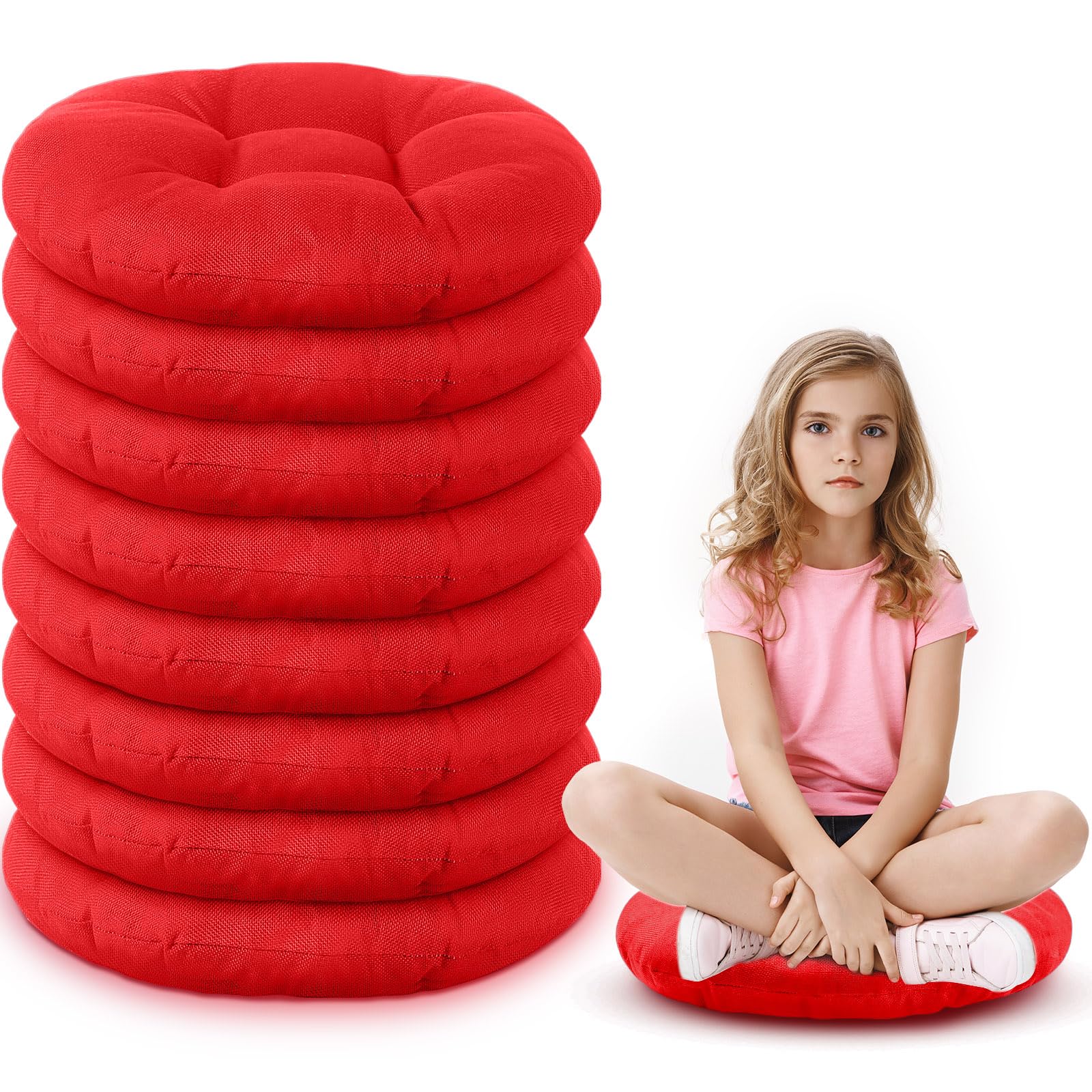 Photo 1 of Fumete 8 Pcs 16 Inch Round Floor Cushions for Kids and Toddlers, Flexible Seating Classroom Furniture Floor Pillow for Home, Daycare, Preschool, Yoga and Meditation (Red)
