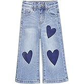 KIDSCOOL SPACE Baby Girsl Wide-Leg Jeans,Heart-shapped Leather Decoration Denim Pants