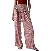 Womens Gingham Pants Cotton Wide Leg Plaid Pant Elastic Waist Lounge Pajama Bottoms Y2K Beach Vacation Trousers with Pockets