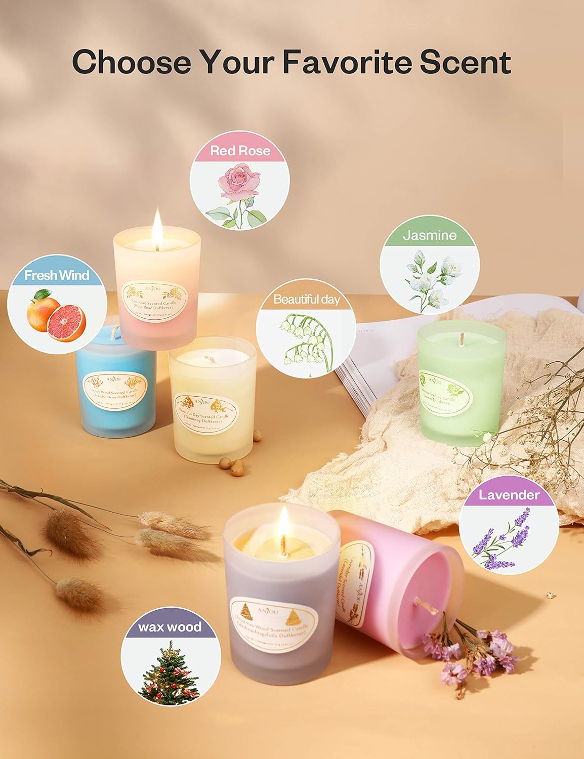 Scented Candles Gift Set, 6 Natural Soy Wax Aromatherapy Candle with Essential Oil for Stress Relief Relaxation, Smoke-Free Strong Fragrance Long Lasting for Christmas Bath Home Decor: Home Improvement