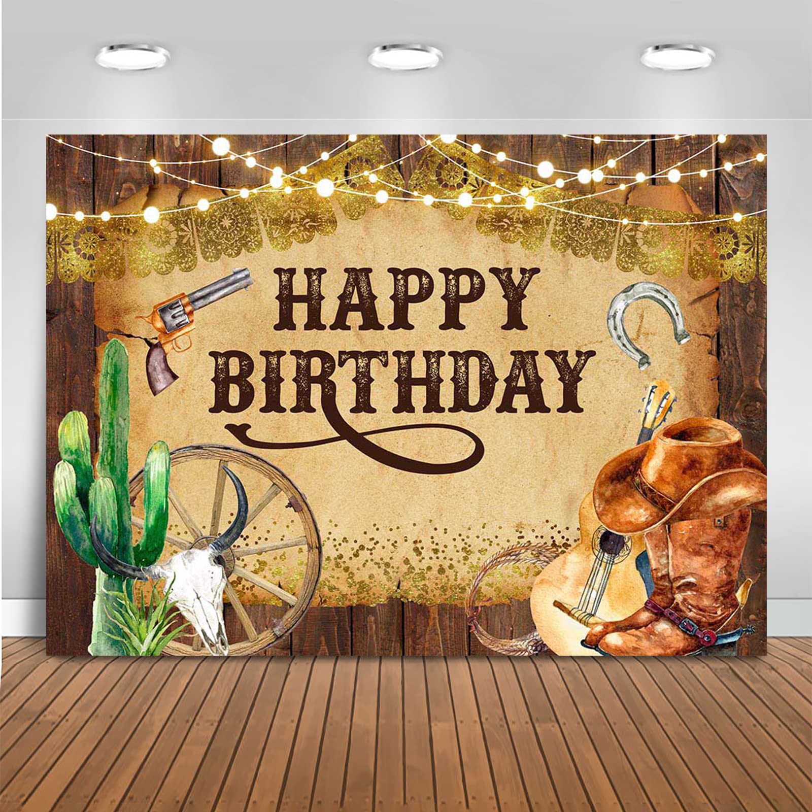 View 1 of Mocsicka Western Cowboy Happy Birthday Backdrop Rustic Old West Rodeo Cowboy Background Brown Rustic Wood Kids Birthday Party Decoration Banner Cowboy Party Decorations (8x6ft(96x72 inch))