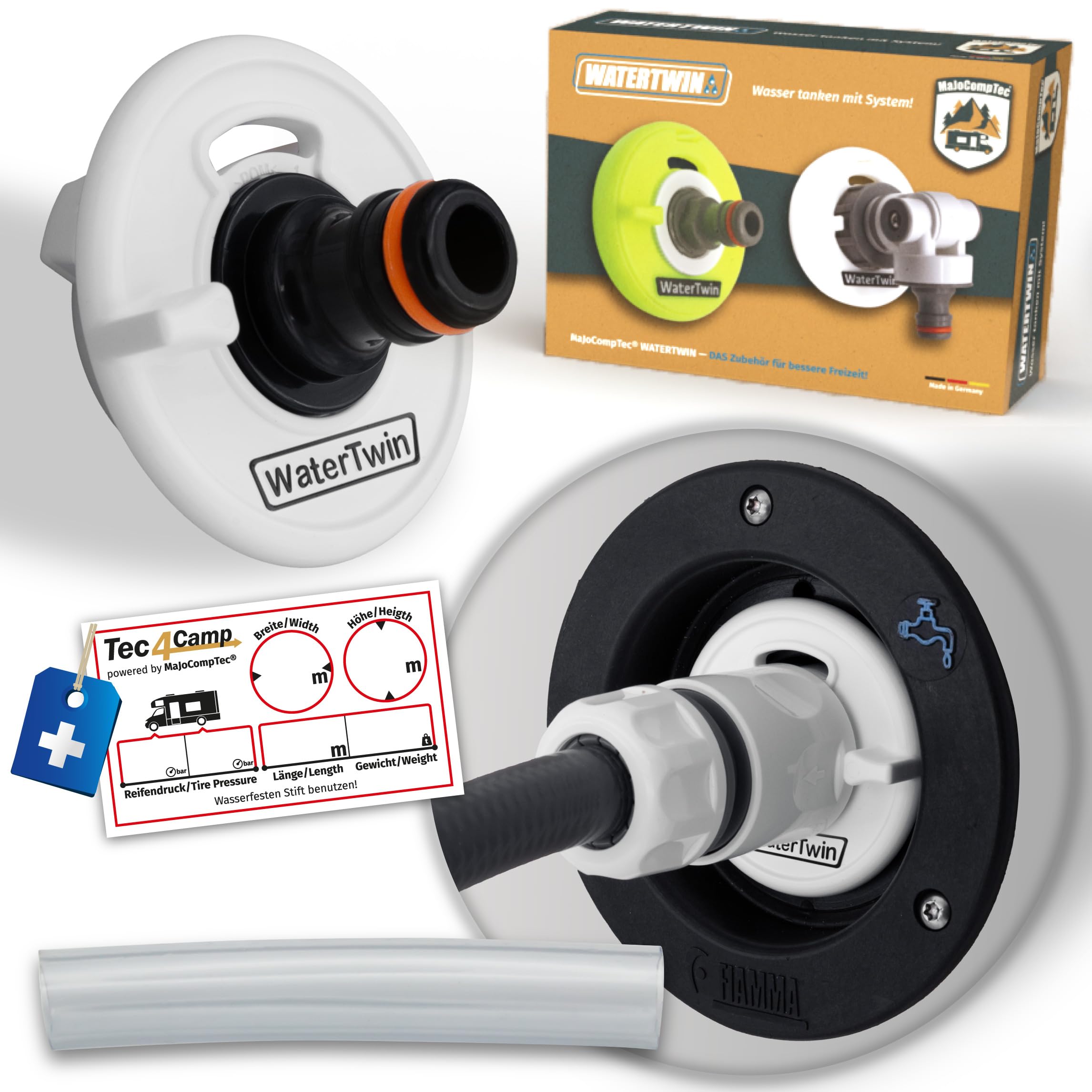 Water tank cap with connection for Gardena system for motorhome, caravan, boat with overflow function and double hose coupling, suitable for fuel cap 2-pin D:65mm Fiamma