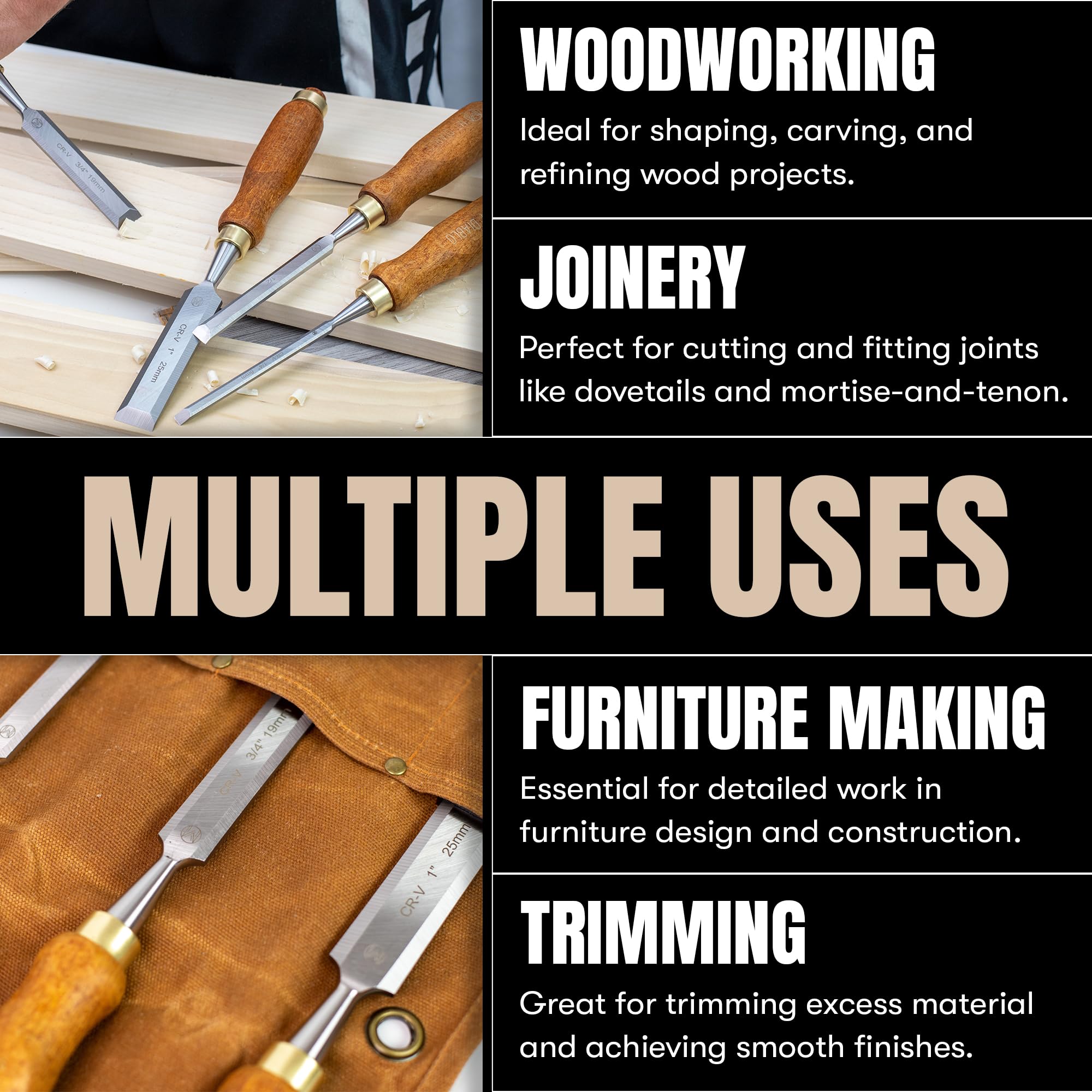 Mt Diablo Woodworking Tools 4 Piece Chisel Set - Premium CV60 Steel Wood Chisel Sets with Ergonomic Handles, Includes 1/4