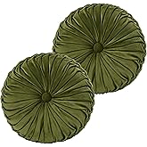 HIG Set of 2 Decorative Round Pleated Throw Pillows, Classy Accent Pumpkin Throw Pillows with Center Button, Vintage Velvet Floor Pillows for Sofa Couch Vanity Chair Bed, Olive, 14.5