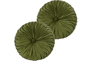 HIG Set of 2 Decorative Round Pleated Throw Pillows, Classy Accent Pumpkin Throw Pillows with Center Button, Vintage Velvet Floor Pillows for Sofa Couch Vanity Chair Bed, Olive, 14.5" Diameter(Ripple)