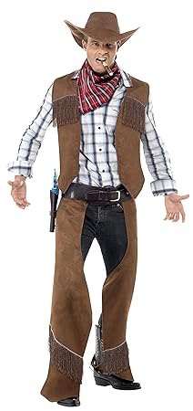 Smiffys Fransen-Cowboy Kostüm Braun mit Weste Beinschutz Halstuch und Hut, Medium