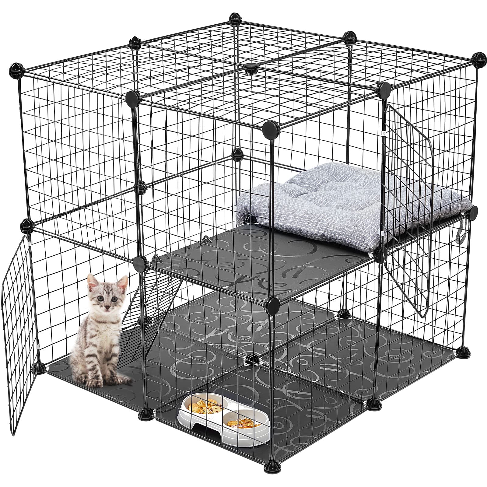 2/3-Tier Large Cat Cage With Litter Box - Indoor Pet Playpen With Storage & Hollow Panels