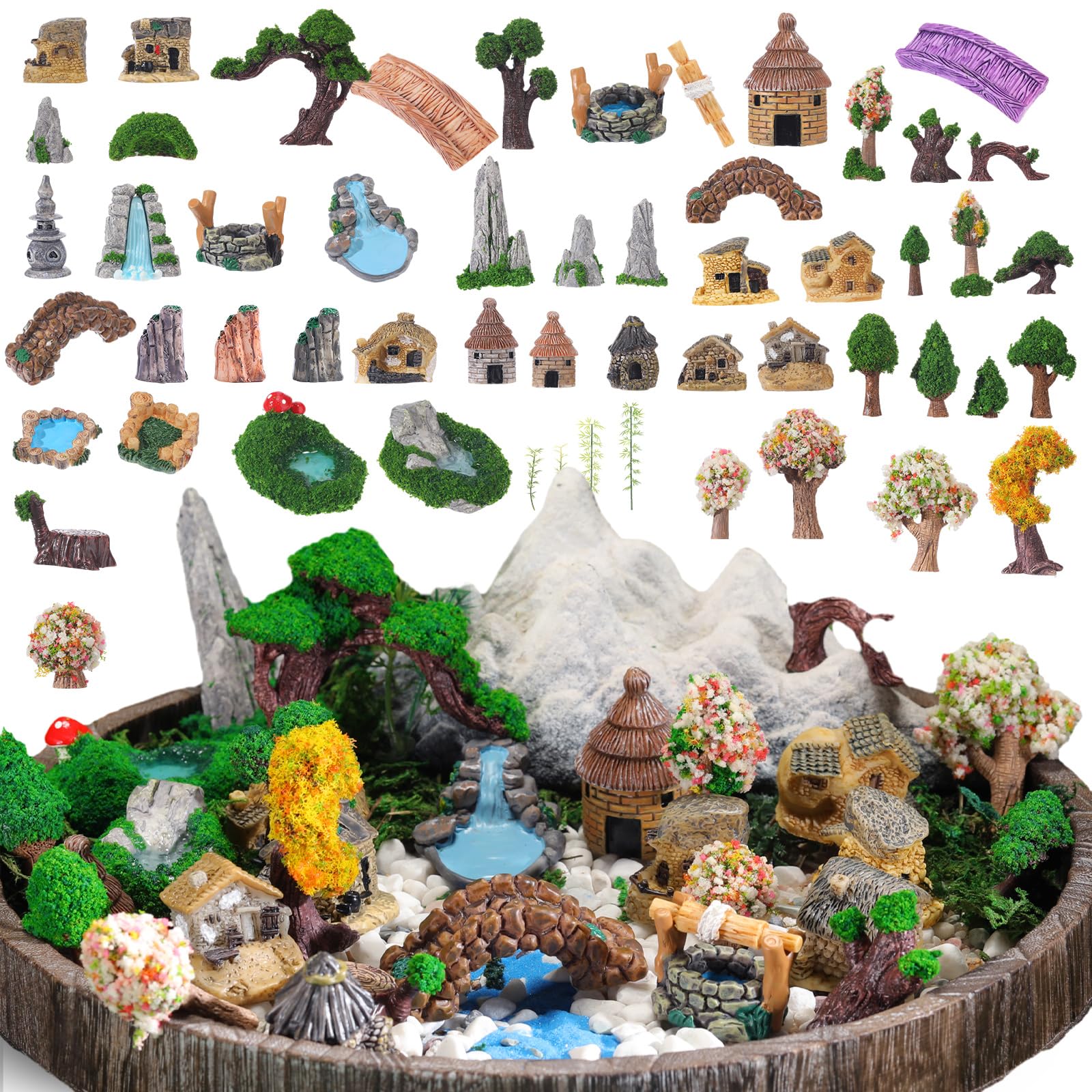 Photo 1 of 58 Pcs Miniature Garden Set Fairy House Bridge Rockery River Diorama Supplies Mini Terrarium Figurines Fairy Village Micro Landscape Ornament Model Trees for DIY Garden Decor Succulent Dollhouse Craft