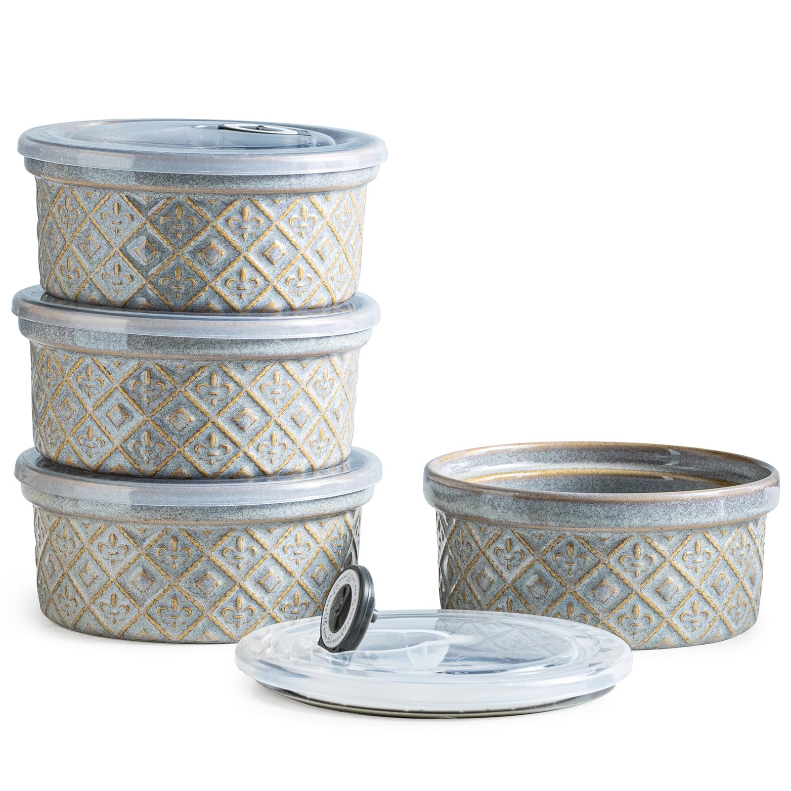 Photo 1 of 16 oz Ramekins with Lids Oven Safe, Ceramic Ramekins for Creme Brulee, Embossed Pudding Custard Ramekin for Baking Souffle, Porcelain Baking Bowls Set of 4, Gray