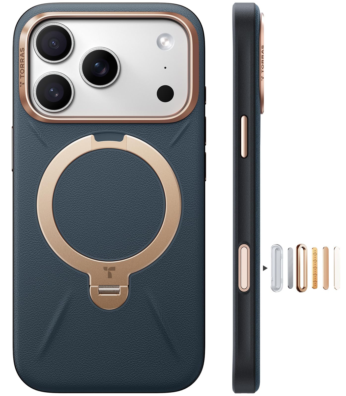 TORRAS Q3 VegSkin for iPhone 17 Pro Max Case Leather, 360 Spin Magnetic Stand, Fit for MagSafe, Camera Control, Shockproof Premium Organic Silicone Leather Case for iPhone 17 Pro Max, Blue