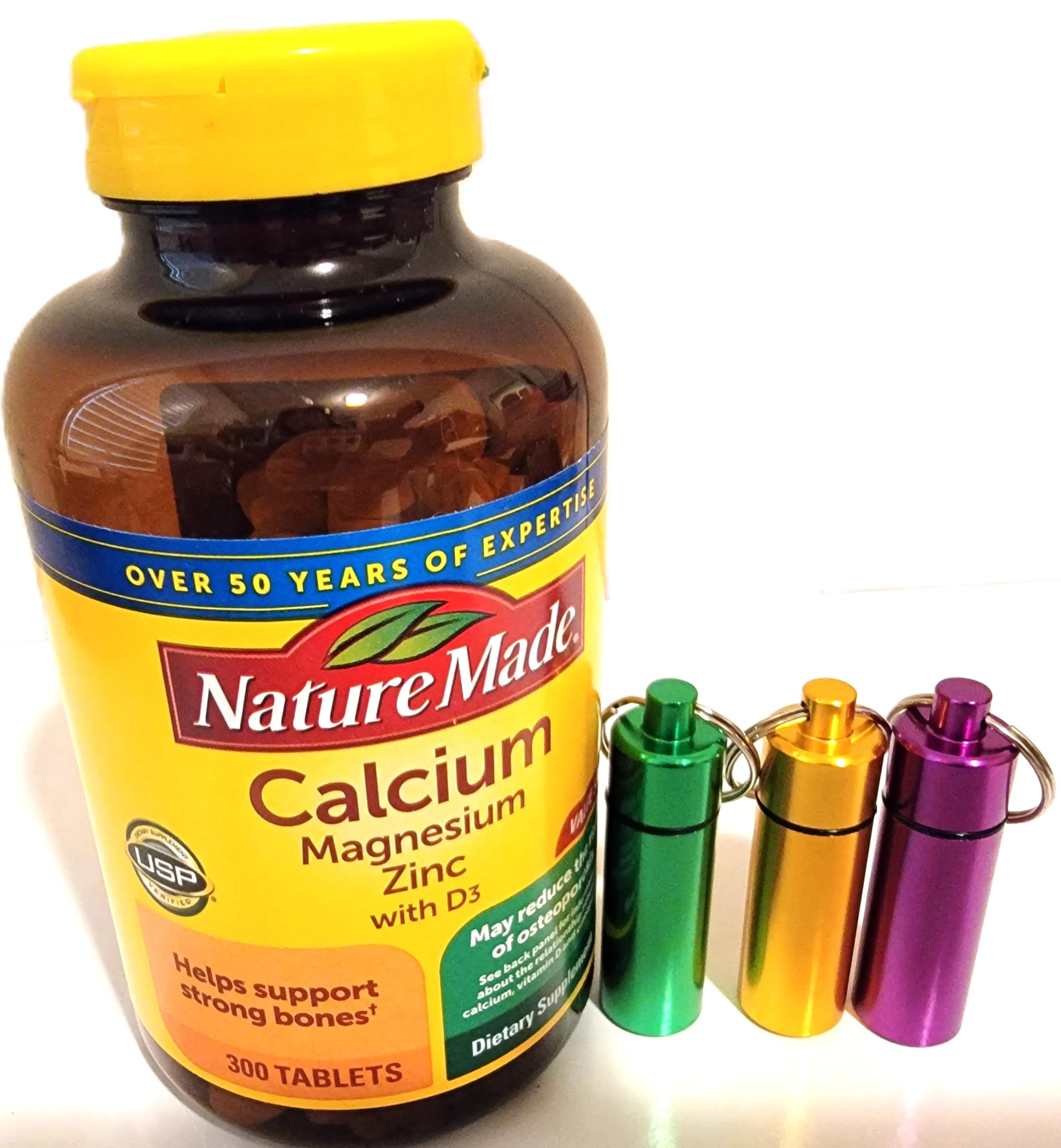 Nature Made Calcium Magnesium Zinc with Vitamin D3 300 Tablets with One(1) Keychain Pill Holder (Assorted Colors), 2 Piece Set