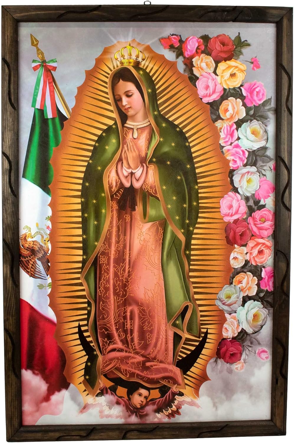 Paintings - DVDMATINEMOVIES - Our Lady of Guadalupe Mex Flag Oil painting, Special Wooden Rustic Frame 24