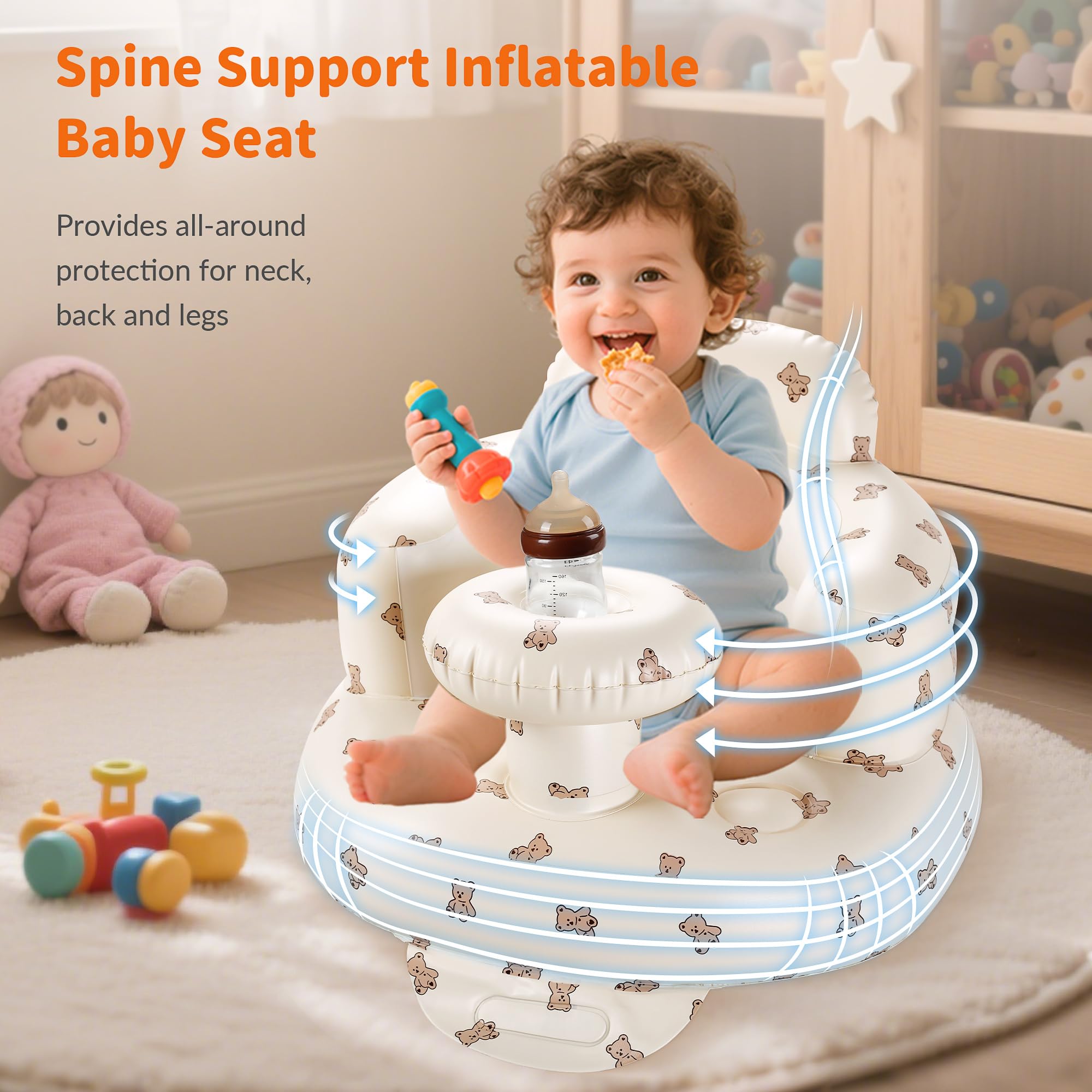 Inflatable Baby Seat with Tray, Comfortable Sit Me Up Floor Seat for Baby Learning to Sit, Portable Built in Air Pump Blow Up Baby Chair，Sitting Support Infant Chair for 3 Months Up (Bear Cub)