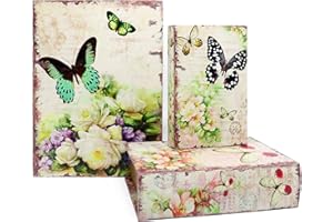 Jolitac Decorative Book Boxes World Map Pattern Antique Book Invisible box with Magnetic cover, Faux Wood Set of 3 Storage Set (Butterfly)