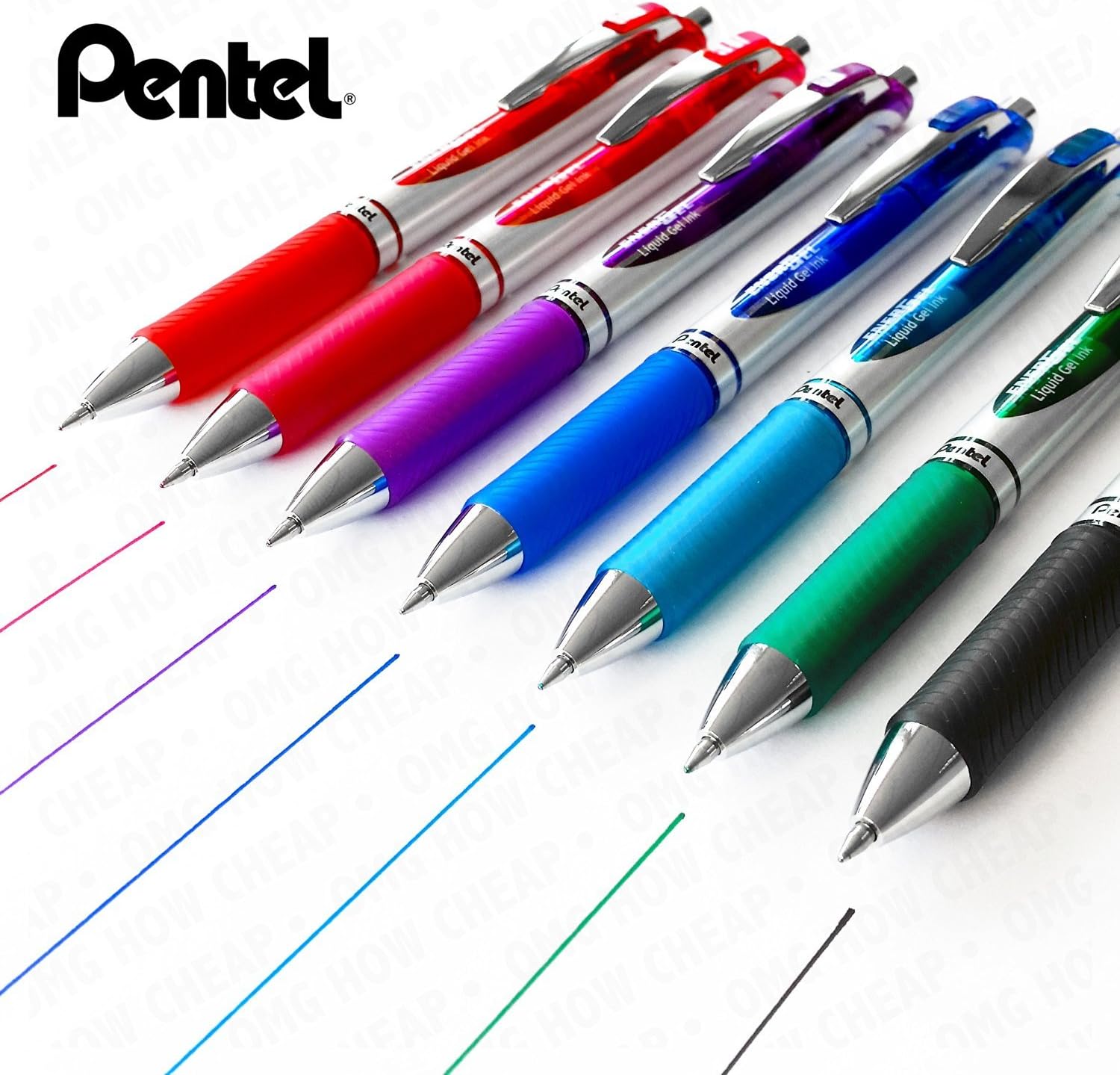 Pentel EnerGel XM BL77;Retractable Gel Pens, 0.7mm, 52% Recycled & Materials, Pack of 7, Blue,Green,Red,Pink,Black,Purple