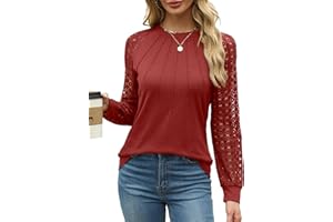 XIEERDUO Womens Long Sleeve Shirt Women Tops Lace Long Sleeve Crew Neck Pleated Blouse Womens Fall Clothing Trendy 2024