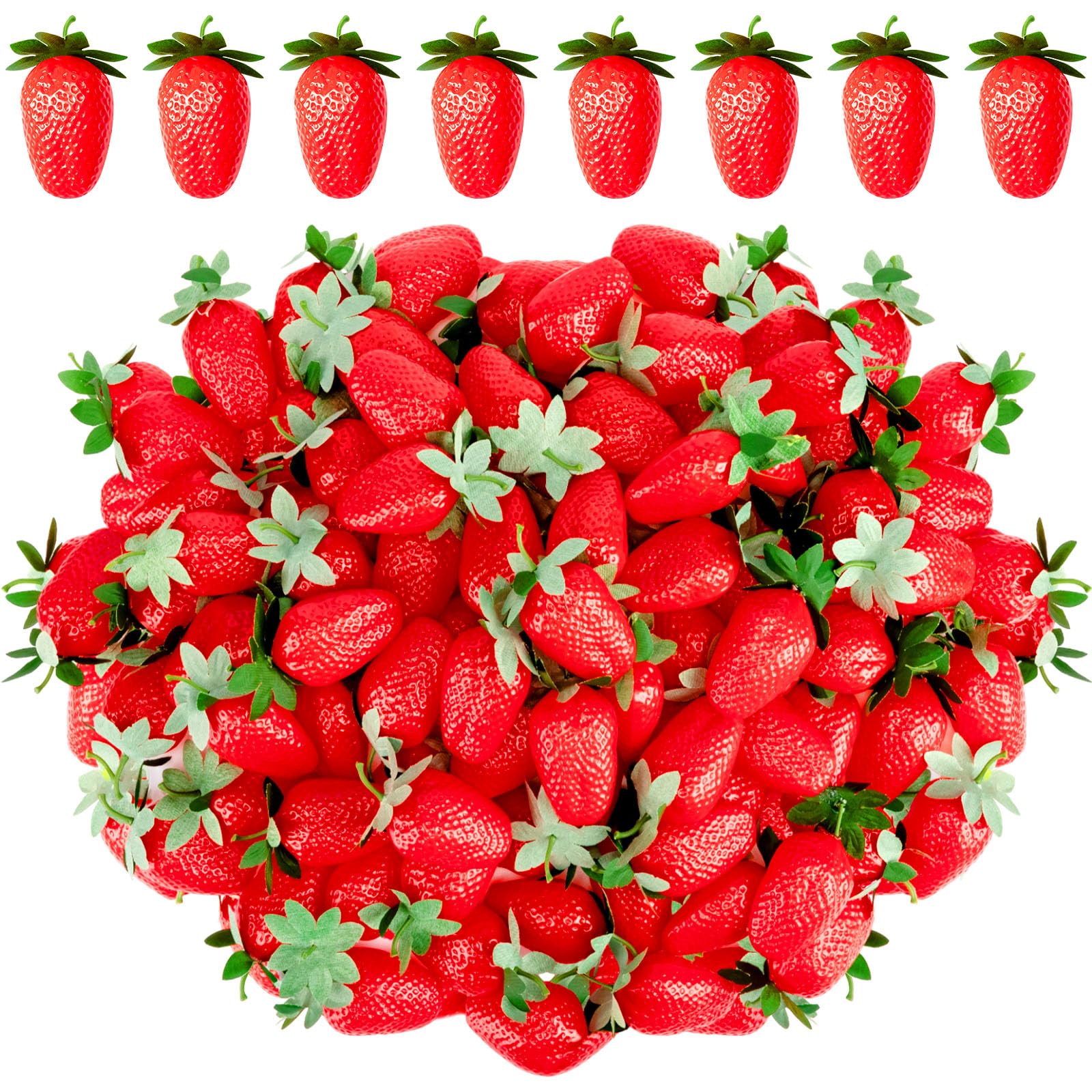 Photo 1 of Lyrow 150 Pcs Artificial Strawberries Faux Realistic Strawberry Decor Plastic Simulation Fake Strawberries Lifelike Fruit for Photography Prop Cabinet Party (3.15 Inch)