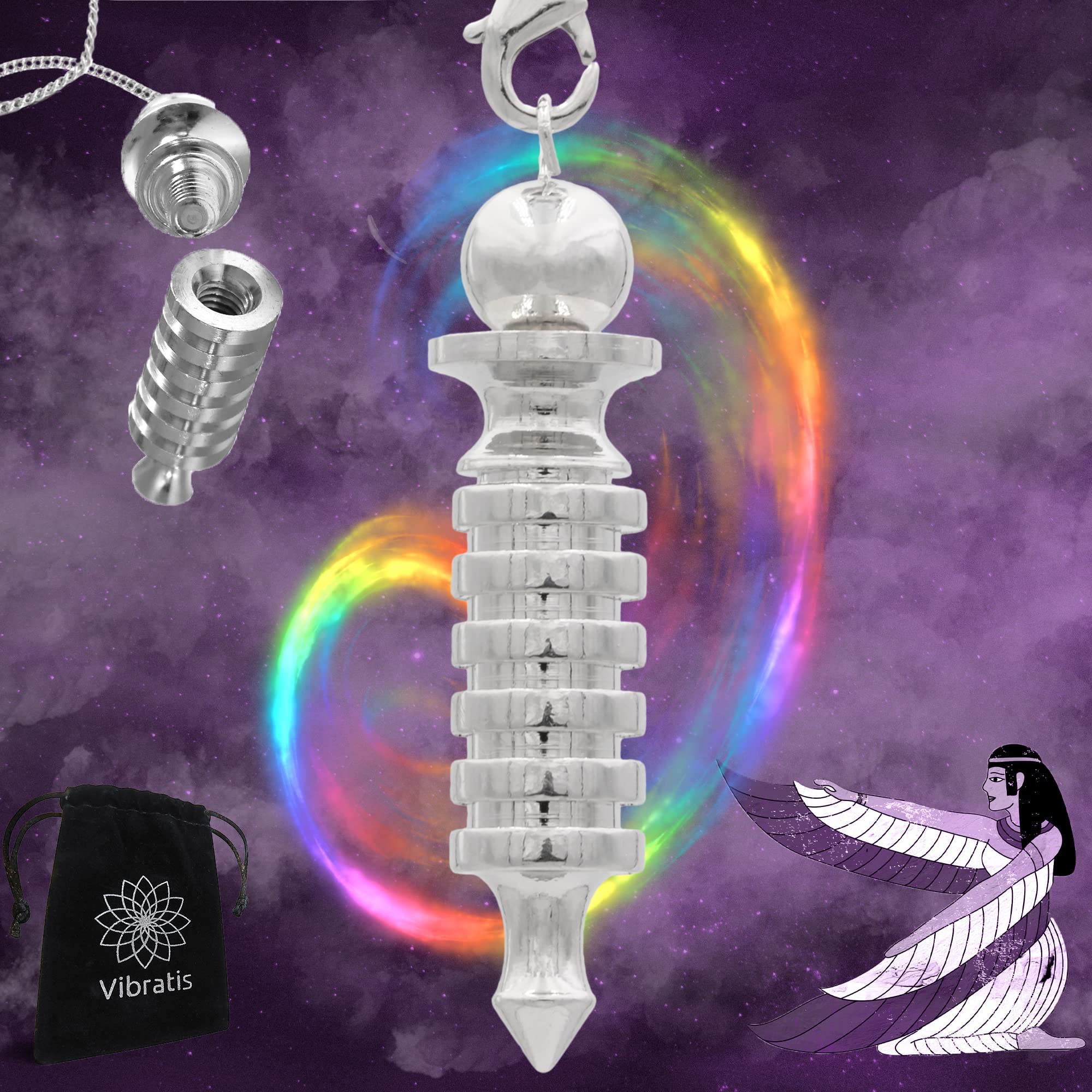 Vibratis ISIS Dowsing Egyptian Pendulum in Silver-Plated Brass | Chambered Magnetizing Dowsing Pendulum [Satisfait ou Remboursé à VIE]