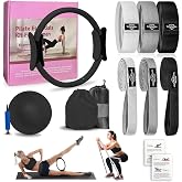 DICYWUDI Pilates Essentials Kit for Home Women, Pilates Equipment for Workouts, 6 Fabric Resistance Bands, 12 Inch Magic Circle Yoga Ring, Mini Exercise Ball, Great Exercise Equipment