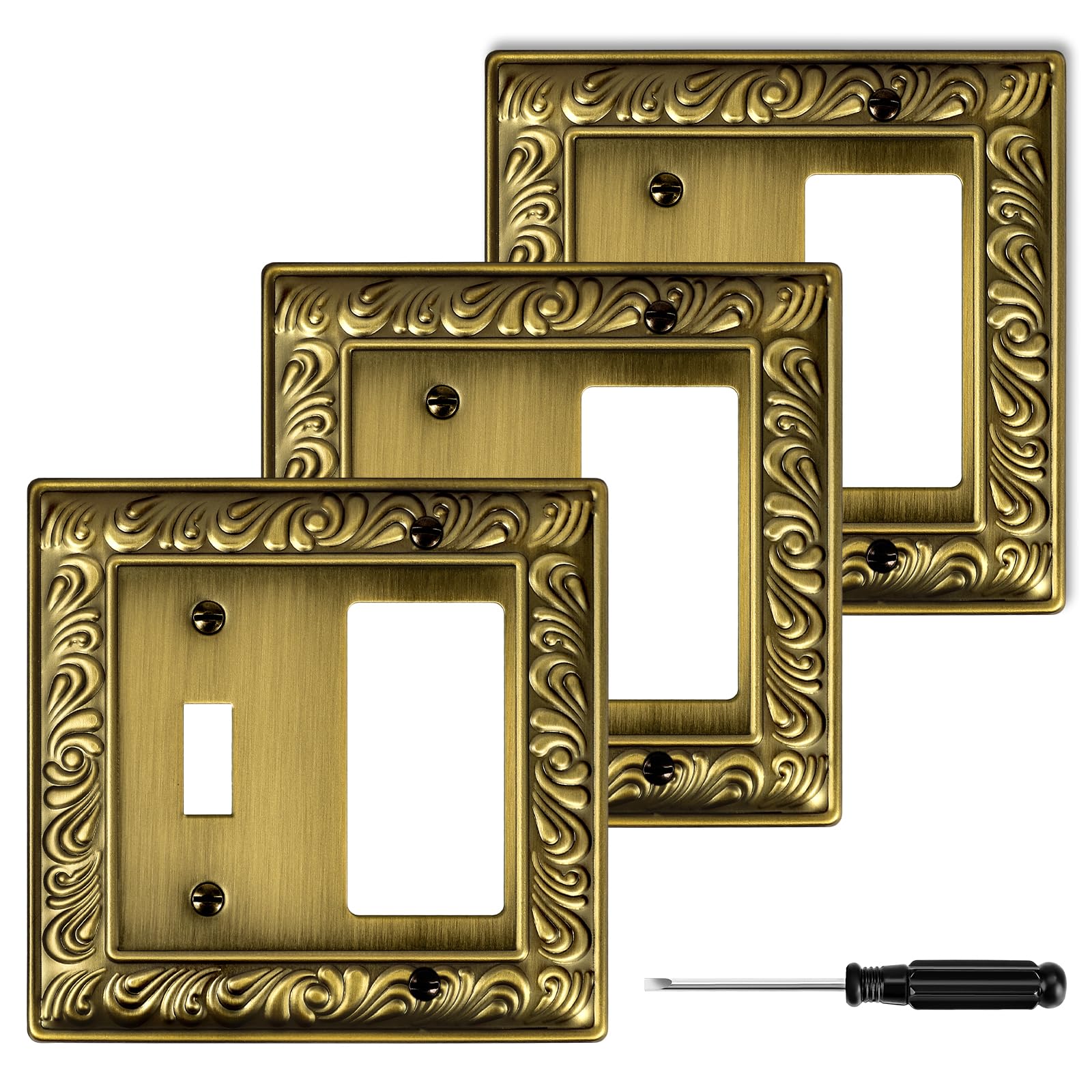 Photo 1 of Antique Brass Decorative Wall Plate Light Switch Cover Decorator Outlet Covers Rocker Switch Plates Metal Material Wall Plates for Kitchen Bathroom (2 Gang Toggle/Decorator-3 Pack)
